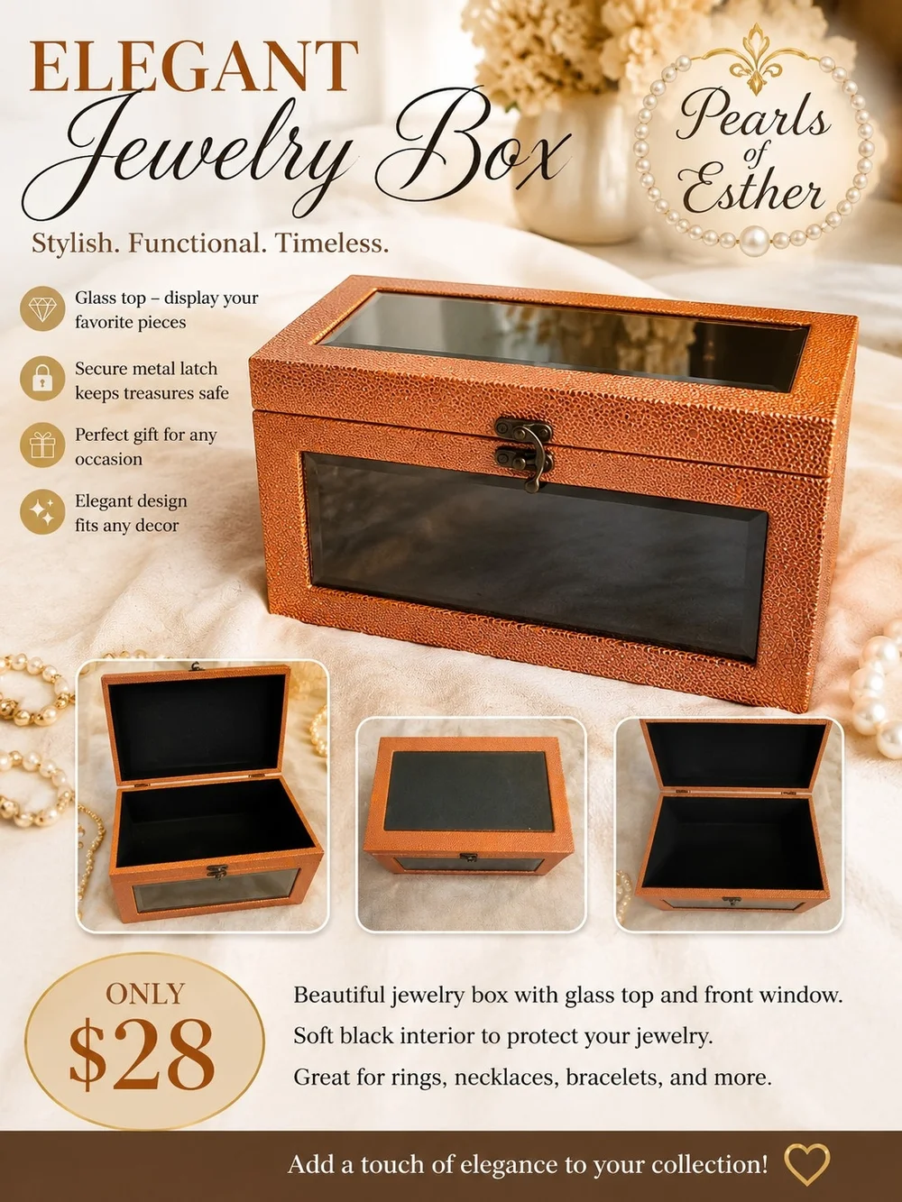 Men’s Elegant Jewelry Box - Copper Brown with Black Interior